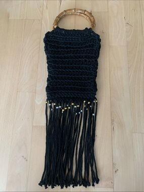 Black Crochet Mini Bag with Bamboo Handle
